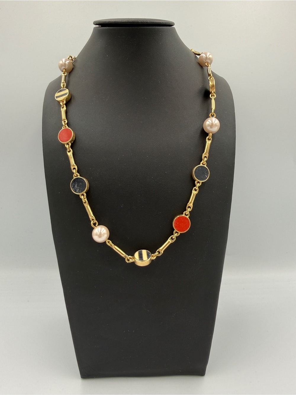kate spade Gold-Tone Link Necklace with Pink Pearls and Red & Black Coin Accents